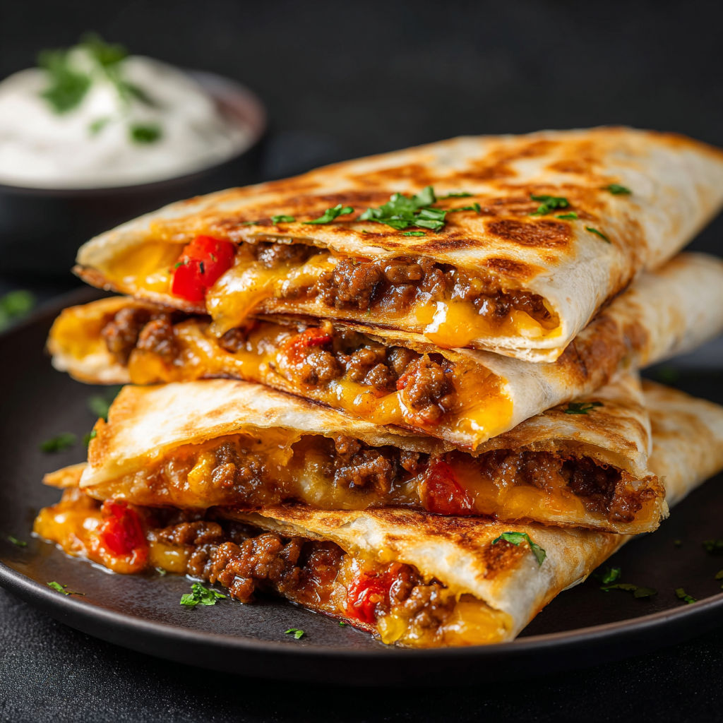 A plate of Mexican food, including burritos and salsa, is displayed on a table.