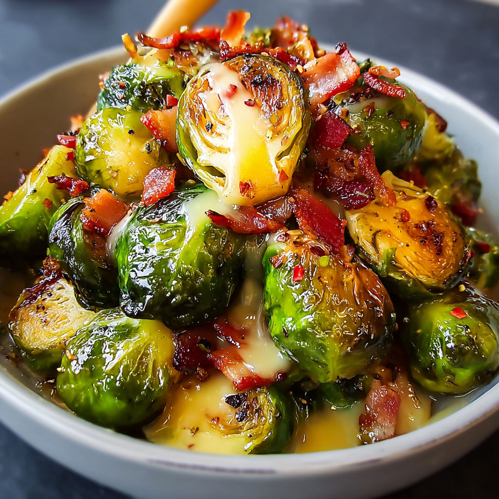 A bowl of honey glazed Brussels sprouts with bacon on top.