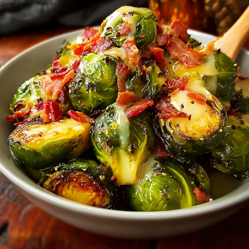 A bowl of bacon and brussels sprouts with cheese on top.