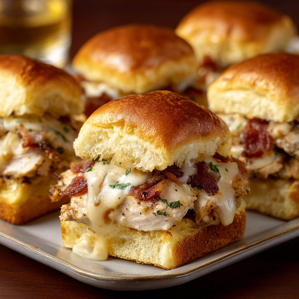 A plate of chicken sandwiches with bacon and cheese.