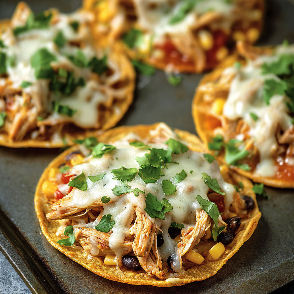 A plate of Mexican Rotisserie Chicken Tostadas with cheese and green onions.