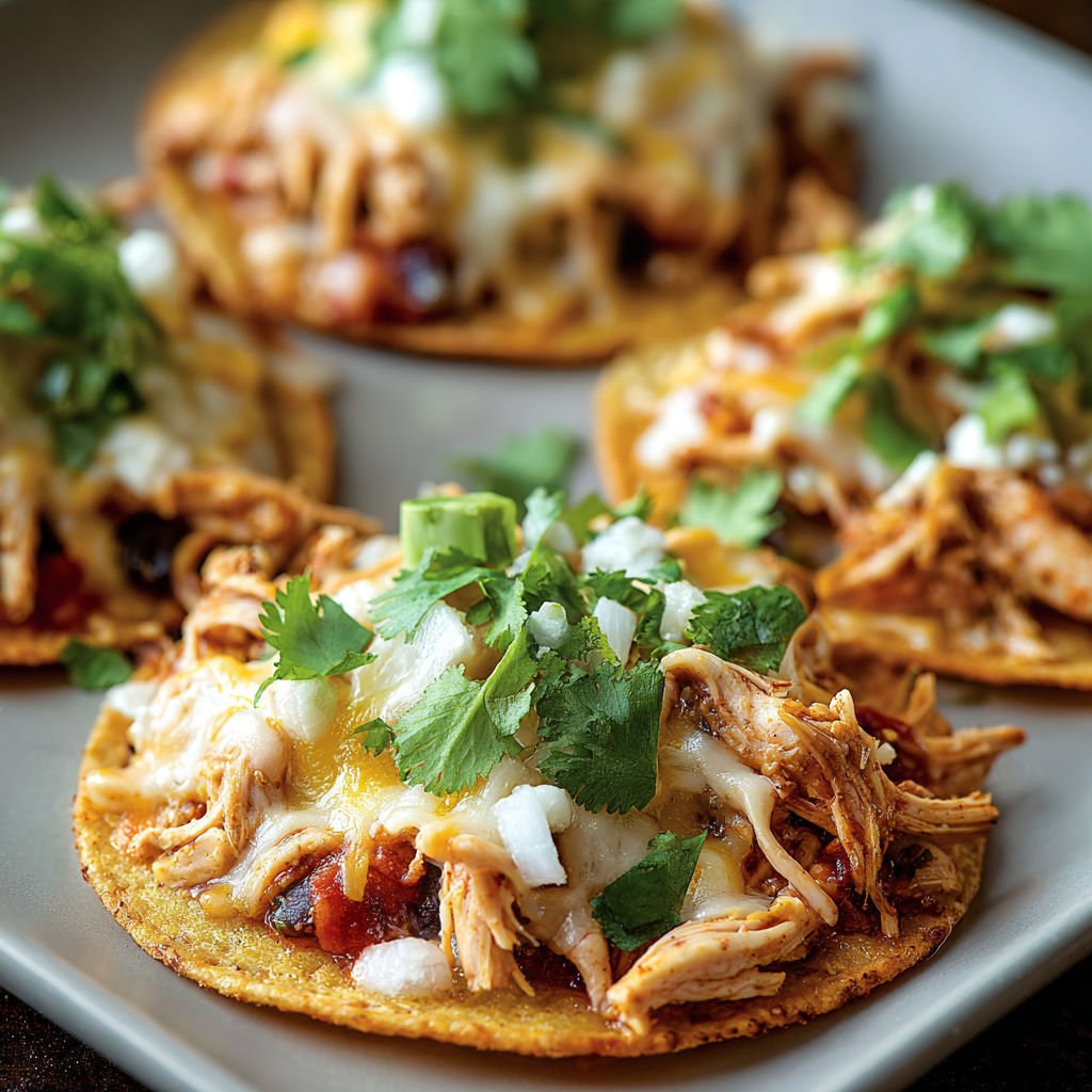 A plate of Mexican Rotisserie Chicken Tostadas, topped with cheese and cilantro.