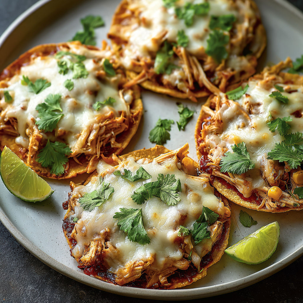 A plate of Mexican Rotisserie Chicken Tostadas with cheese and herbs on top.