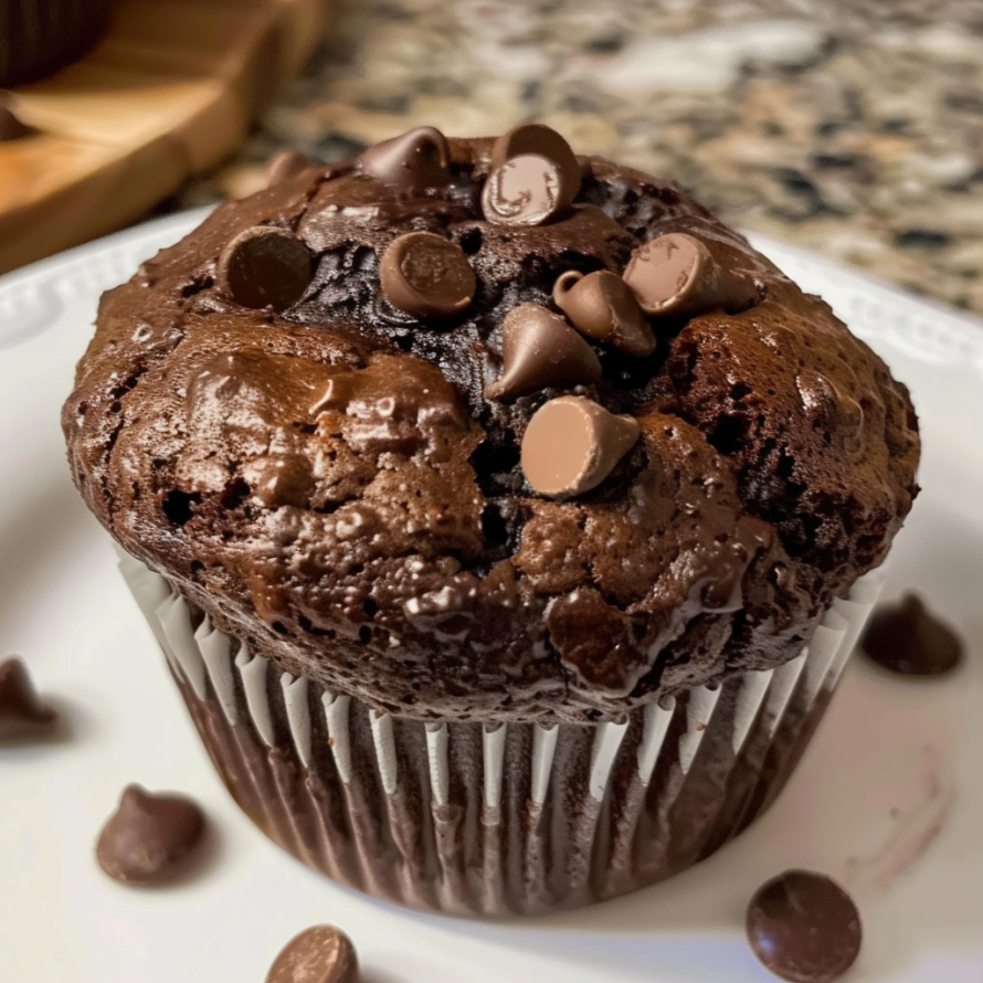 A delicious chocolate muffin with chocolate chips on top, ready to be enjoyed.