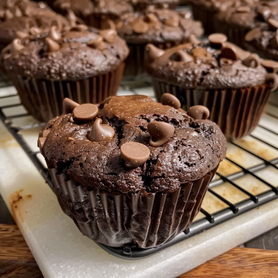 A delicious chocolate muffin with chocolate chips on top.