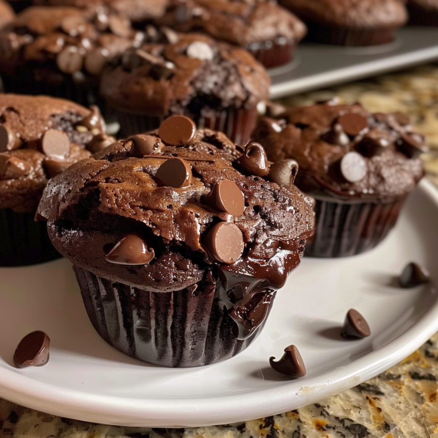 A plate of chocolate muffins with chocolate chips on top.
