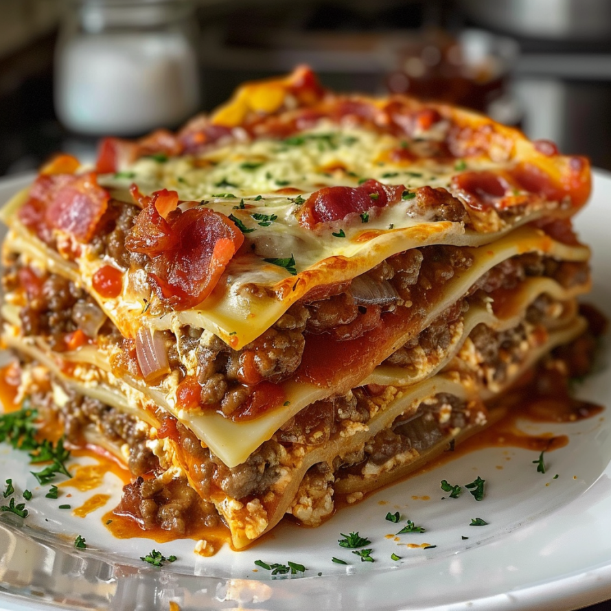 A delicious Parmesan Bacon Cheeseburger Lasagna is served on a white plate.