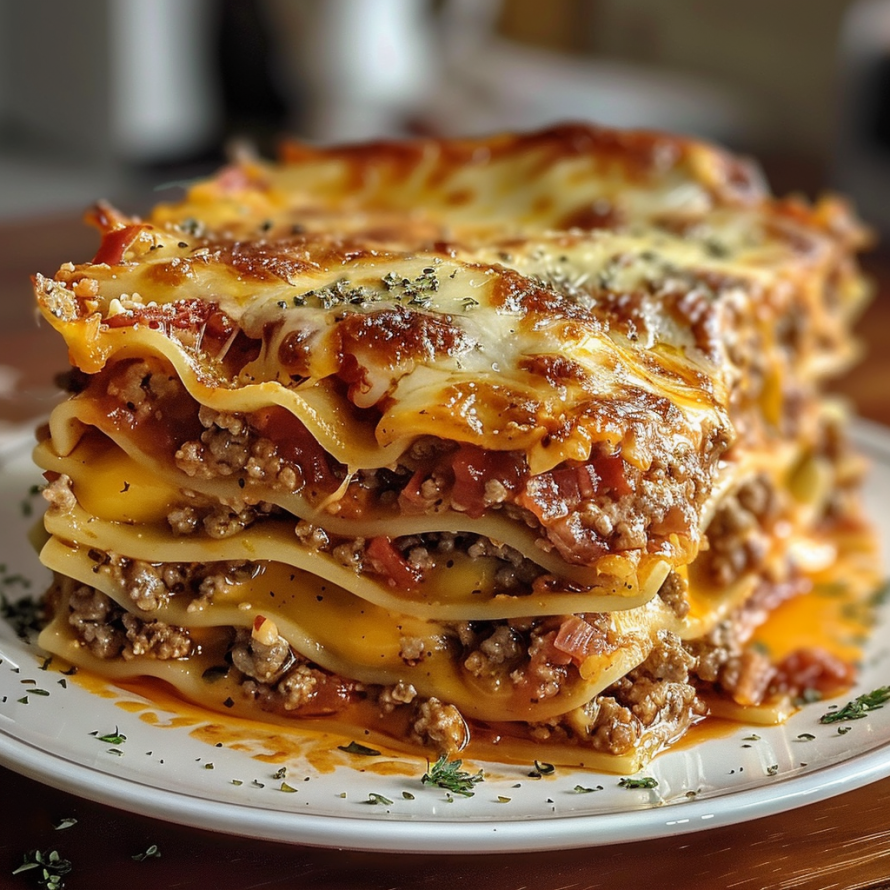 A stack of lasagna slices on a plate.