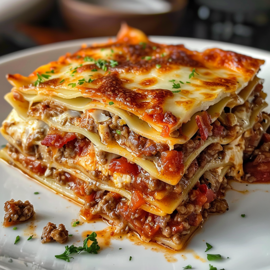 A delicious lasagna is served on a white plate, ready to be enjoyed.