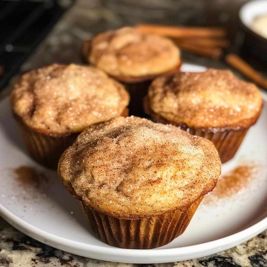 A plate of muffins with a sprinkle of cinnamon on top.