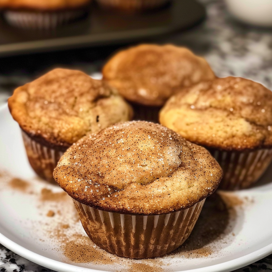 A plate with three cupcakes covered in powdered sugar and cinnamon.