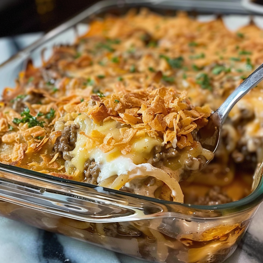 A French Onion Beef Casserole is displayed in a glass dish, ready to be served.