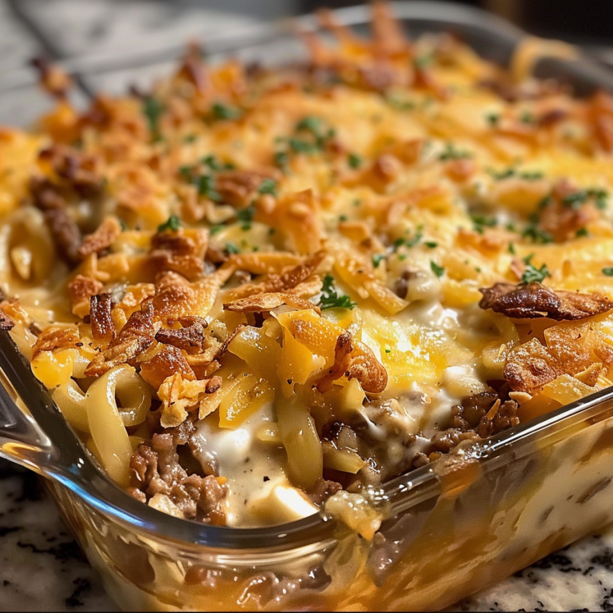 A delicious casserole dish filled with pasta, meat, and cheese, topped with crispy bacon bits.