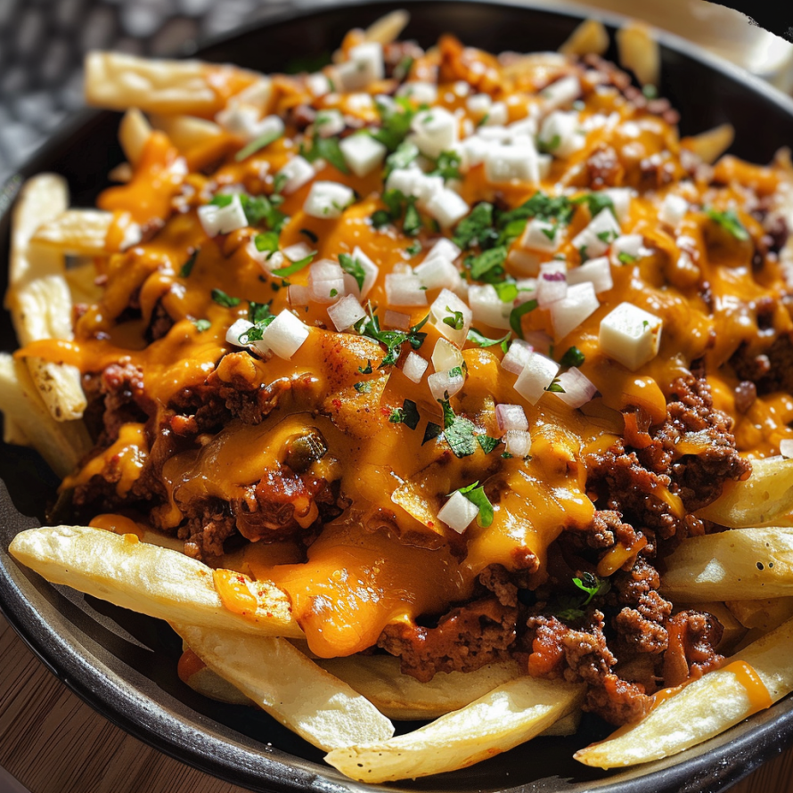 A delicious Taco Frachos dish is served in a bowl, featuring a generous portion of cheese, onions, and a side of french fries.