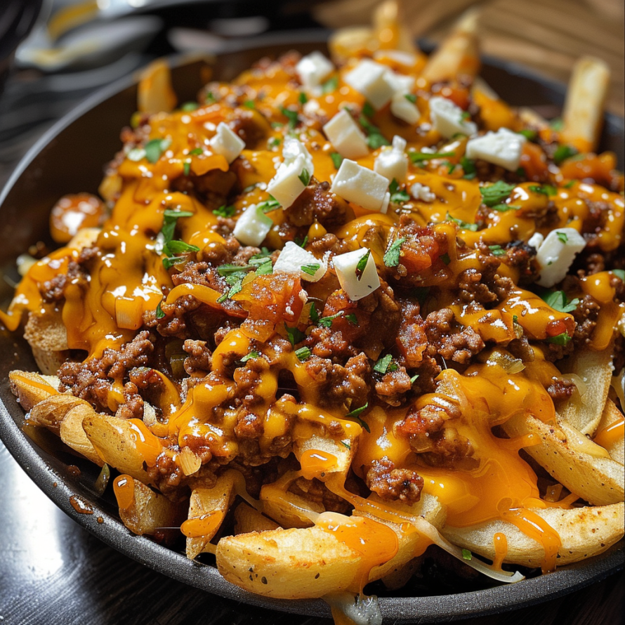 A delicious cheese and beef burger with french fries and cheese on top.