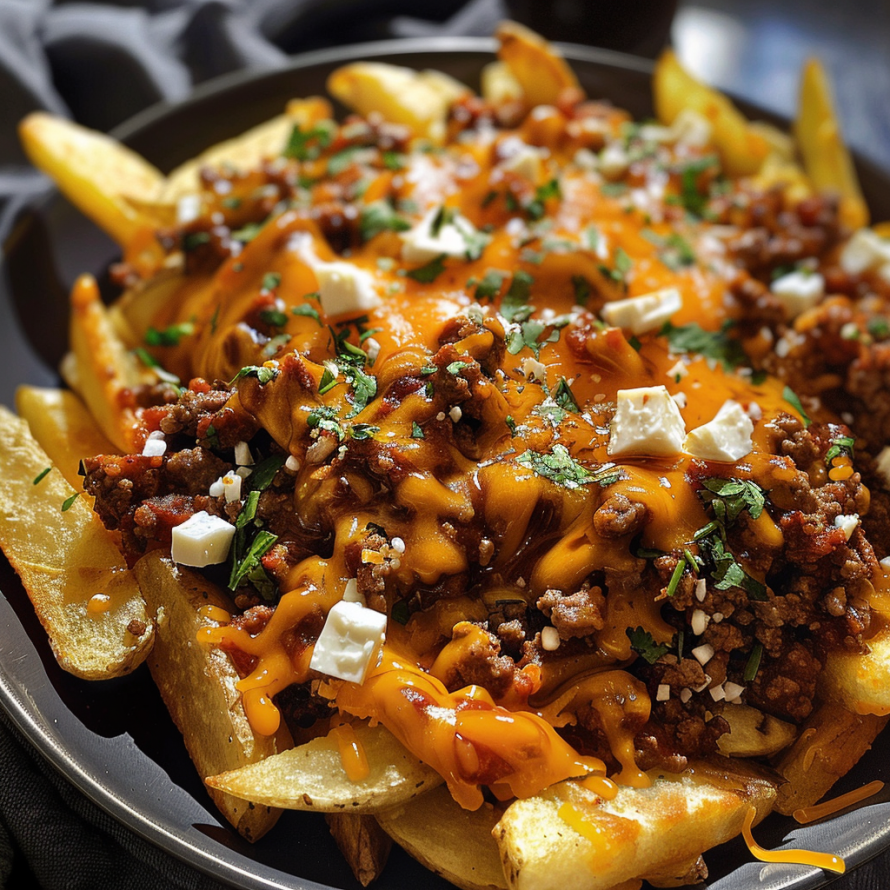 A plate of delicious cheese and chili fries with a generous amount of cheese and sauce.
