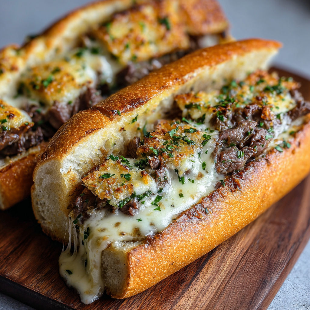 A delicious Philly Cheesesteak Meets Garlic Bread Magic sandwich is displayed on a wooden cutting board.