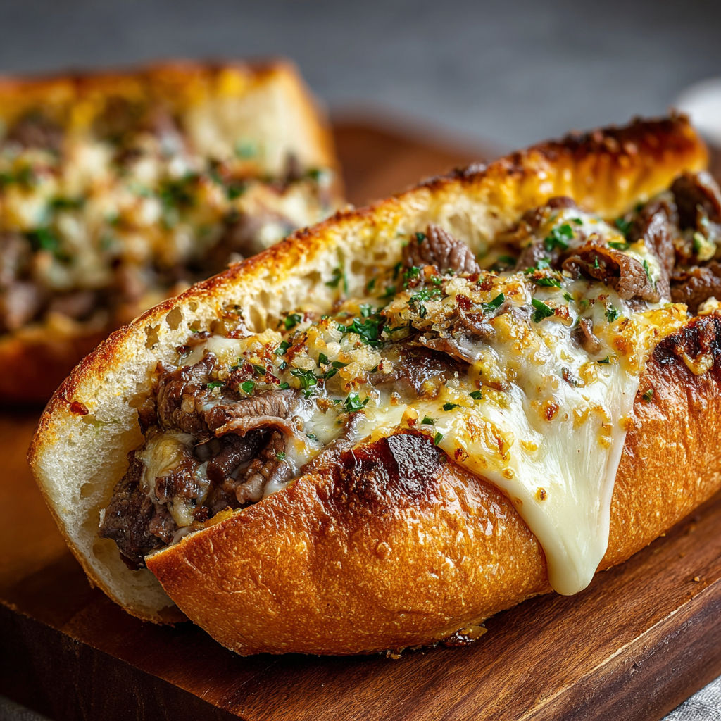A close up of a delicious cheese steak sandwich on a wooden cutting board.
