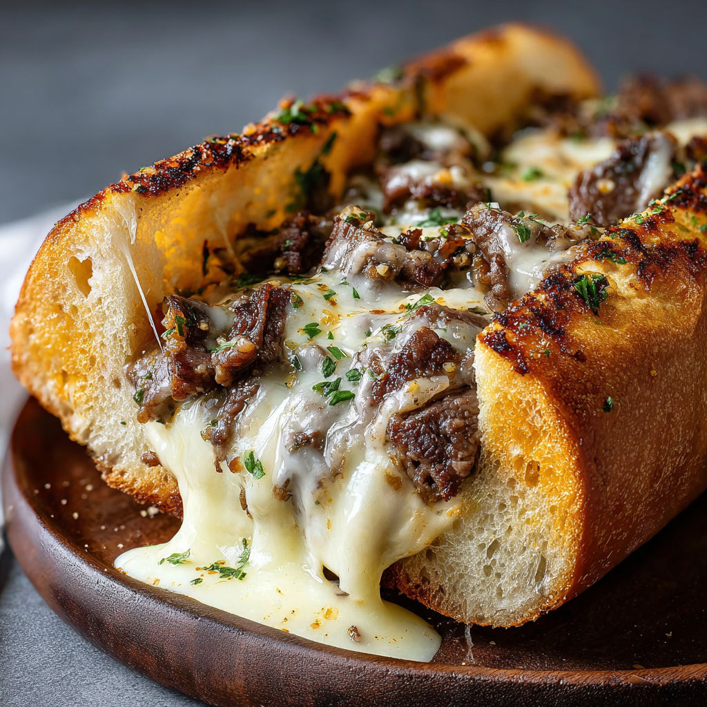 A delicious cheese steak sandwich with melted cheese and onions on a wooden platter.