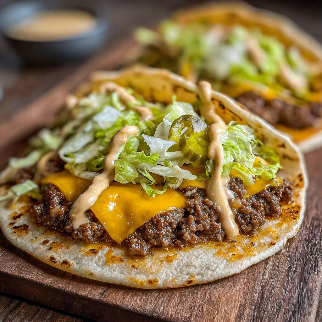 A delicious smash burger taco with lettuce, cheese, and a generous amount of sauce.