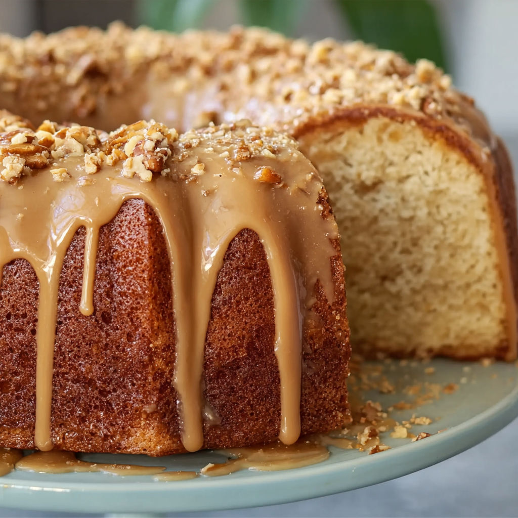A slice of Brown Sugar Caramel Pound Cake is drizzled with caramel sauce.