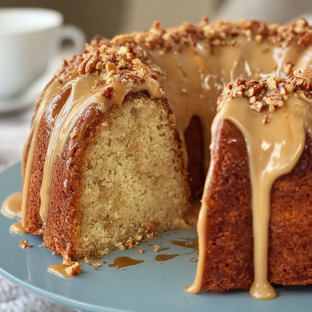 A slice of caramel cake with a drizzle of caramel sauce on a blue plate.