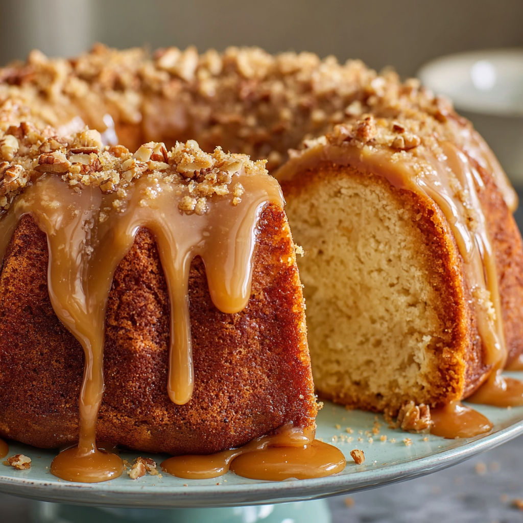 A slice of caramel pecan bundt cake on a plate.