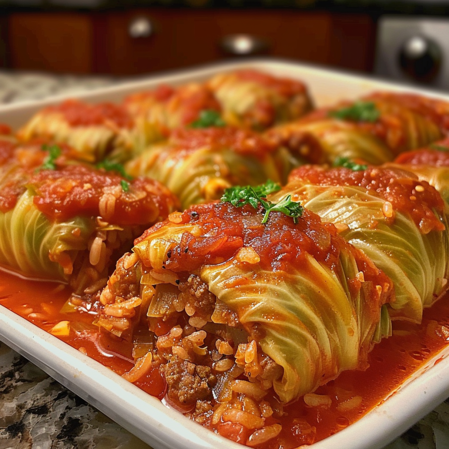A plate of stuffed cabbage rolls, filled with rice and meat, are cooked and ready to be served.