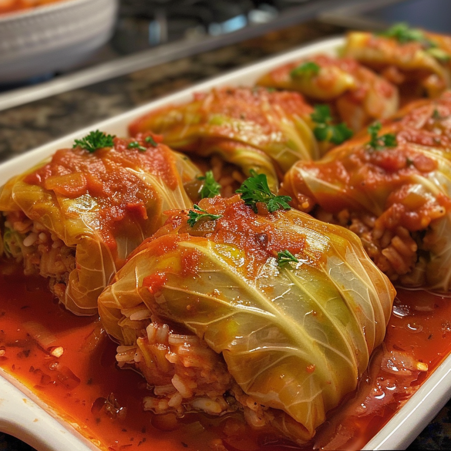 A plate of stuffed cabbage rolls with a tomato sauce.