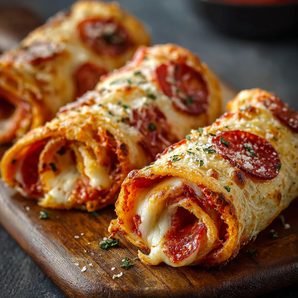 A delicious homemade pizza roll is displayed on a wooden cutting board, ready to be enjoyed.