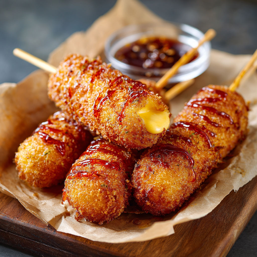 A plate of delicious cheesy Korean rice corn dogs.