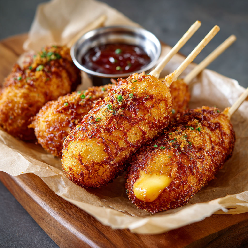 A plate of cheesy Korean rice corn dogs, ready to be enjoyed.