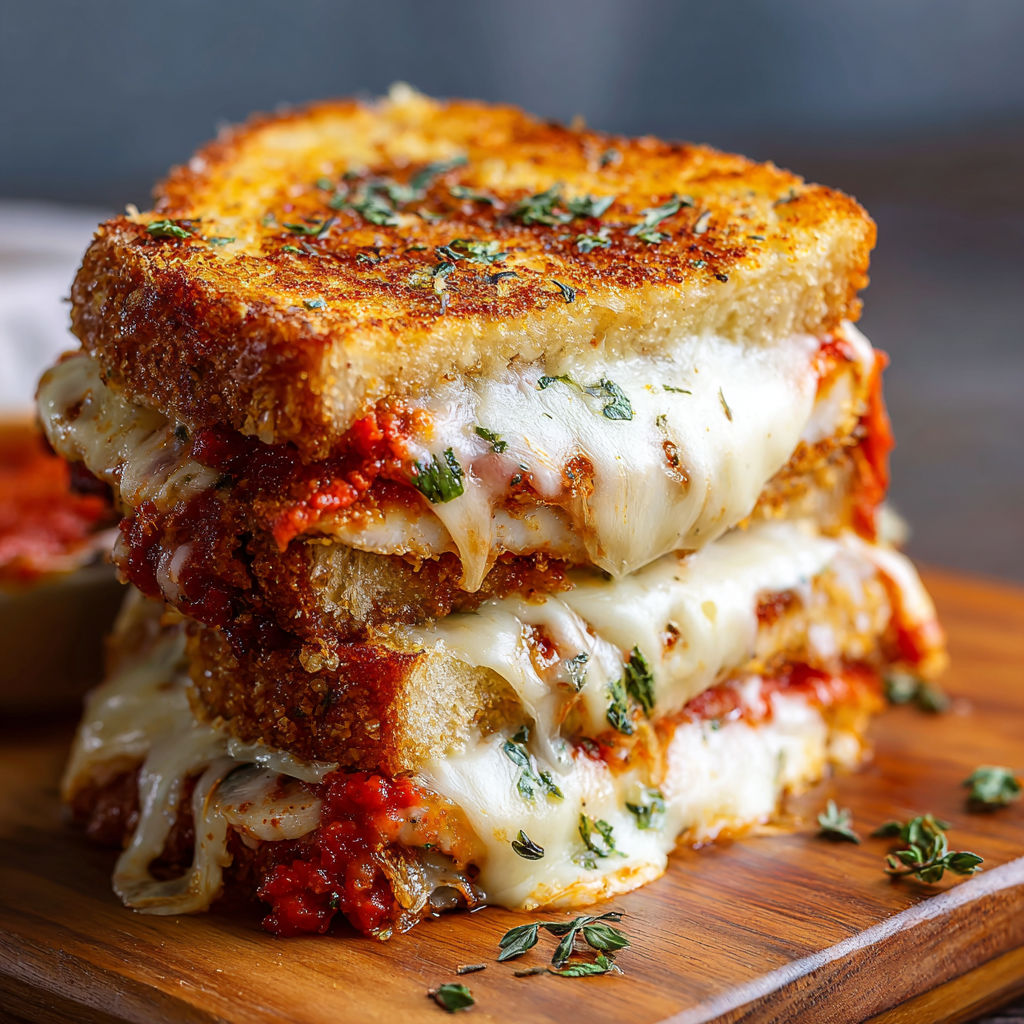 A stack of three grilled cheese sandwiches with tomato sauce and herbs.