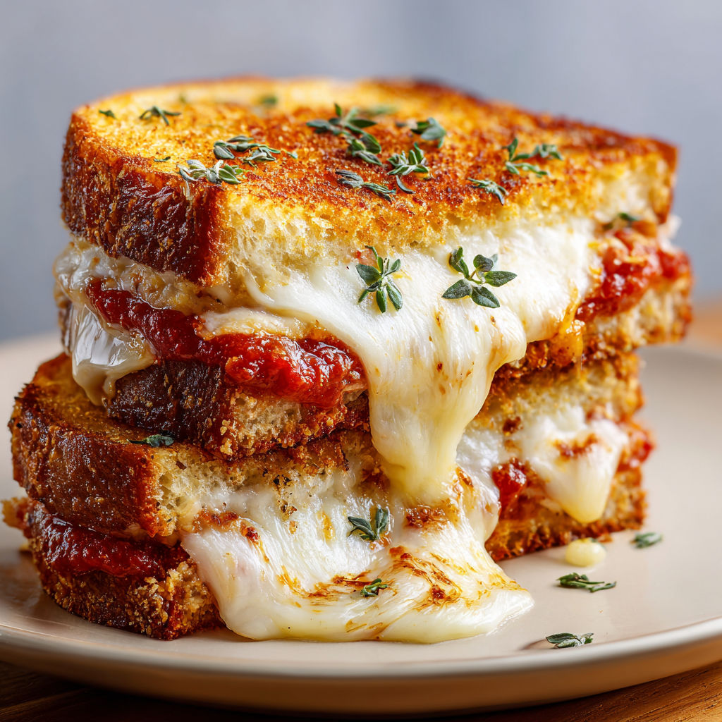 A sandwich with melted cheese and tomato sauce on a plate.