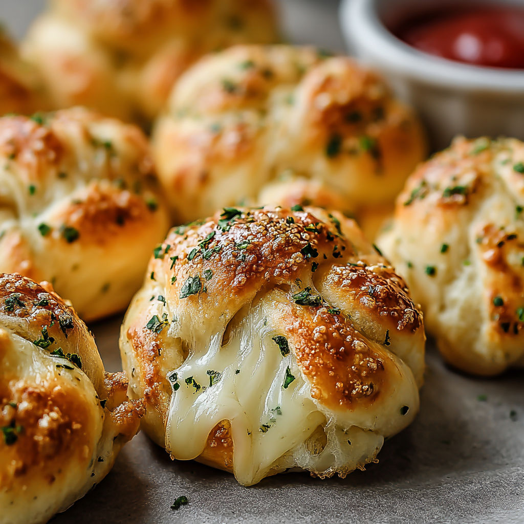 A plate of garlic knots filled with cheese.
