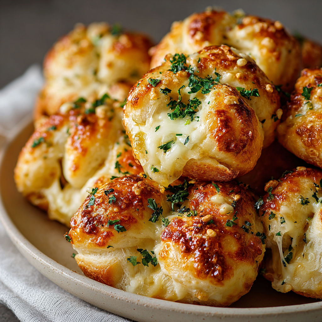 A plate of cheese-filled breadsticks, also known as garlic bread, is displayed on a table.