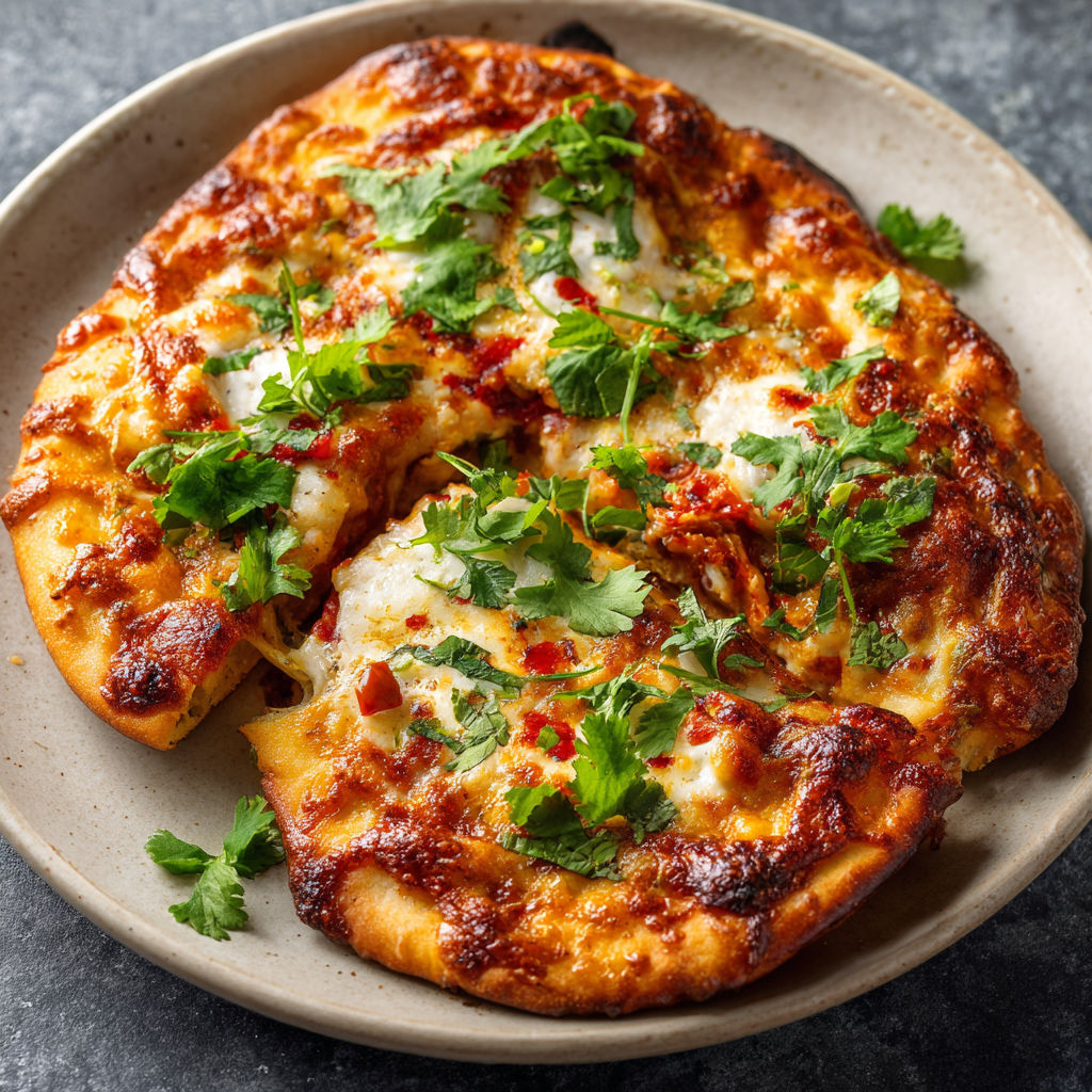 A delicious air fryer naan pizza recipe is displayed on a plate, with various toppings and cheese.