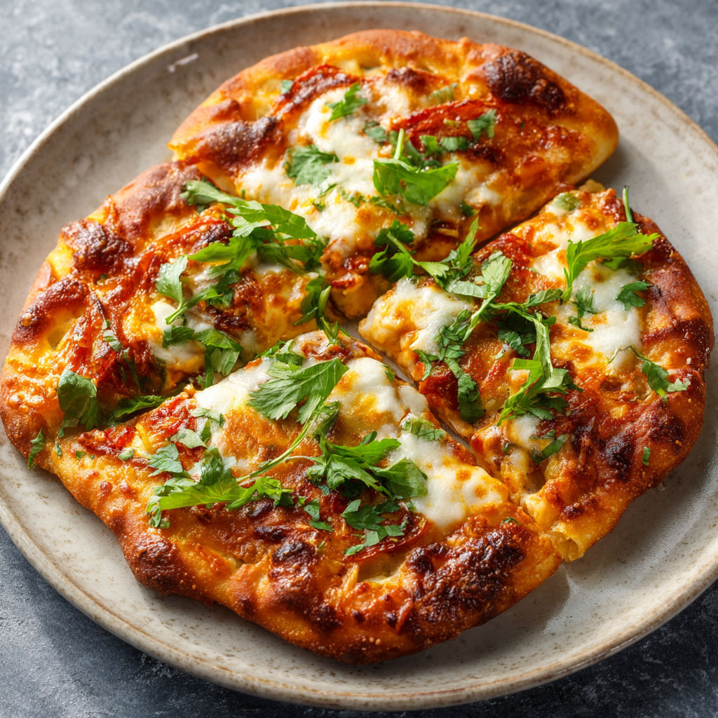 A delicious air fryer naan pizza recipe is displayed on a plate.