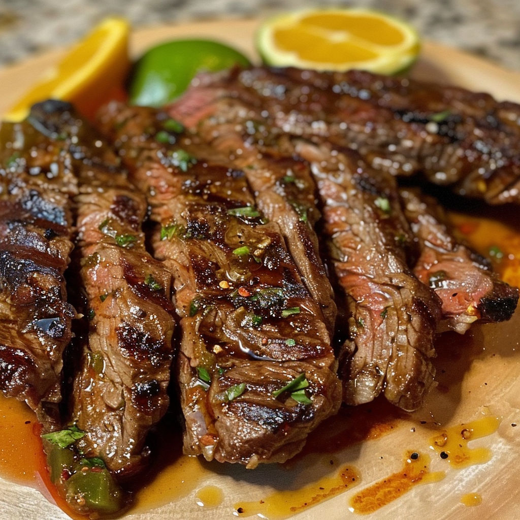 A delicious Carne Asada Marinade is ready to be cooked on the grill.