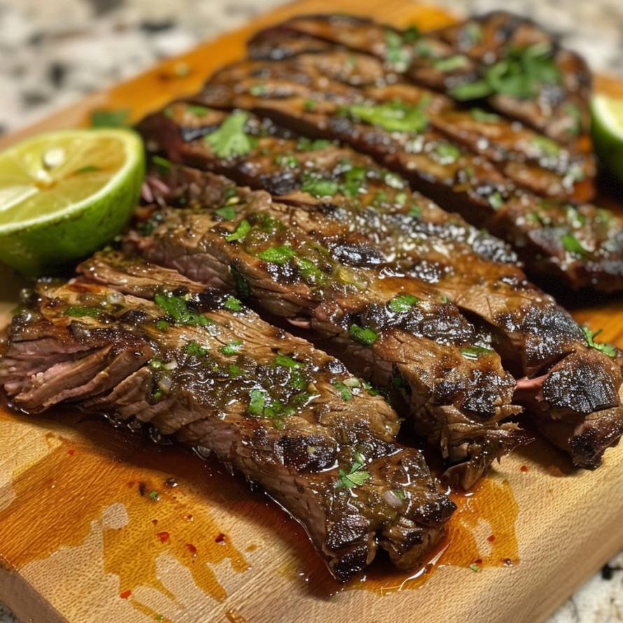 A delicious steak dinner with a side of lime wedges.