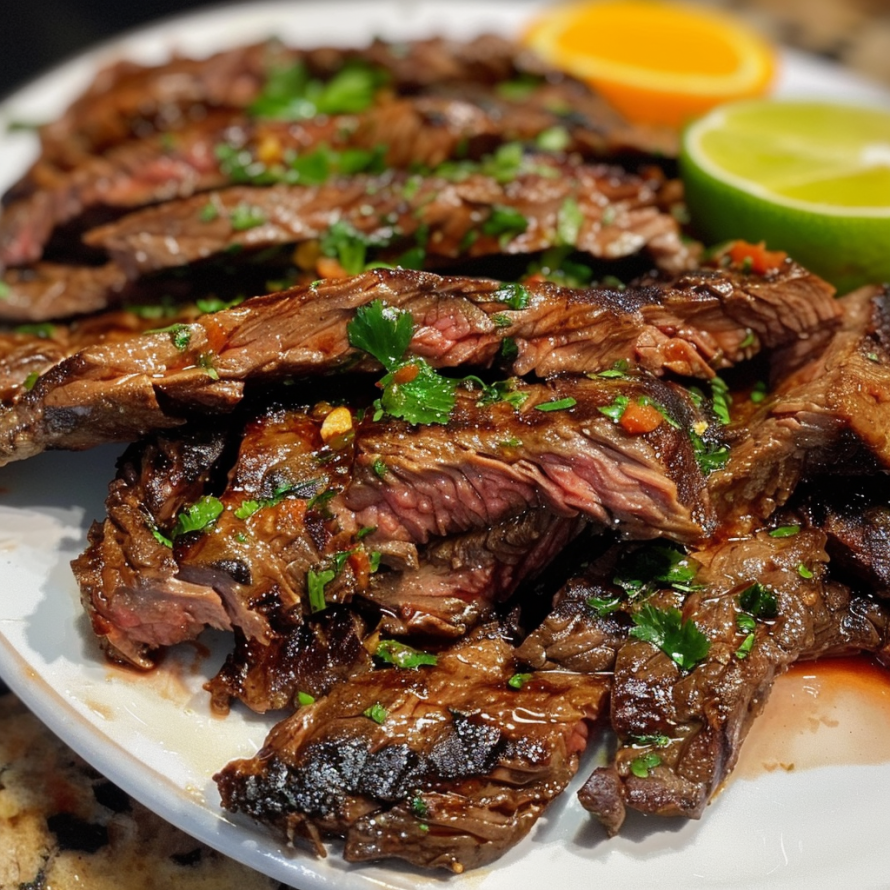 A plate of beef steak with peppers and lime wedges on top.