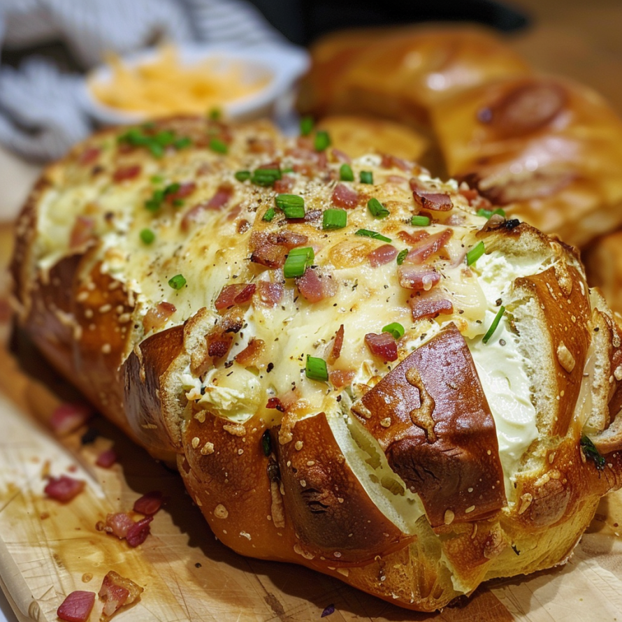 A delicious Cheese & Bacon Cob Loaf is displayed on a wooden cutting board, ready to be sliced and enjoyed.