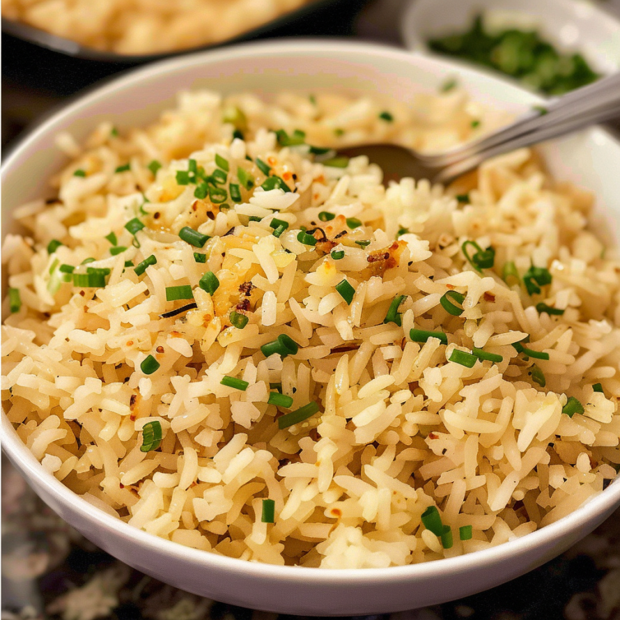 A bowl of rice with green onions and peppers, possibly a stir fry dish.