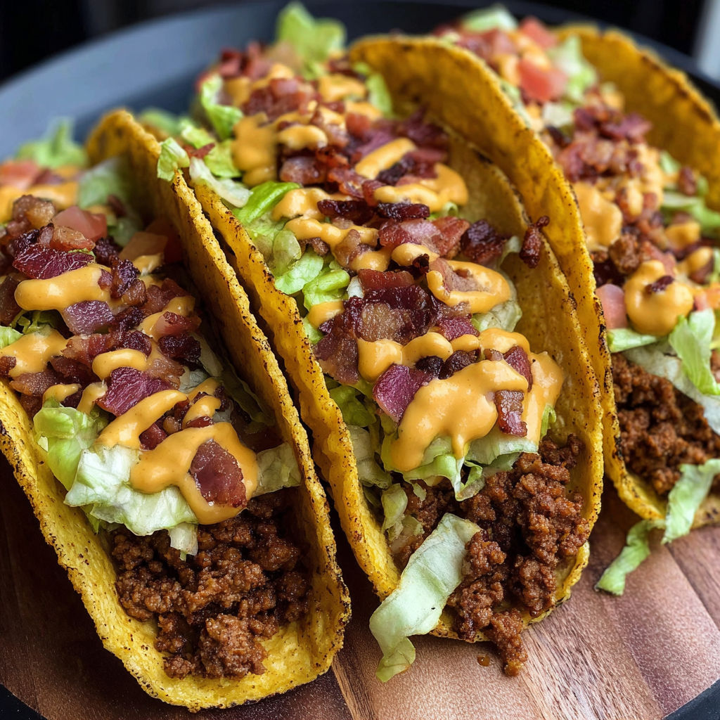 Two loaded bacon cheeseburger tacos with lettuce and cheese on a wooden platter.