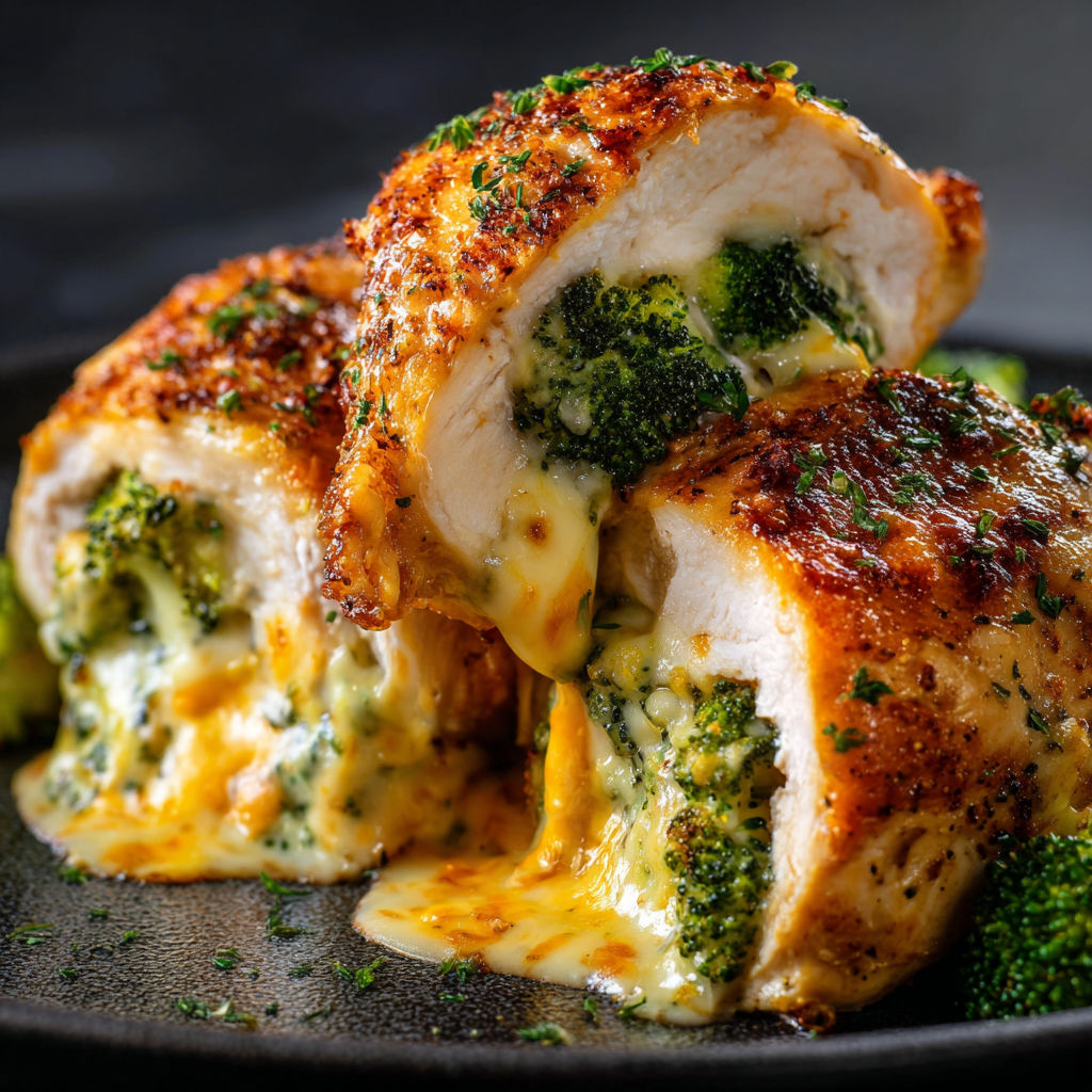 A delicious Broccoli and Cheese Stuffed Chicken dish is presented on a plate.