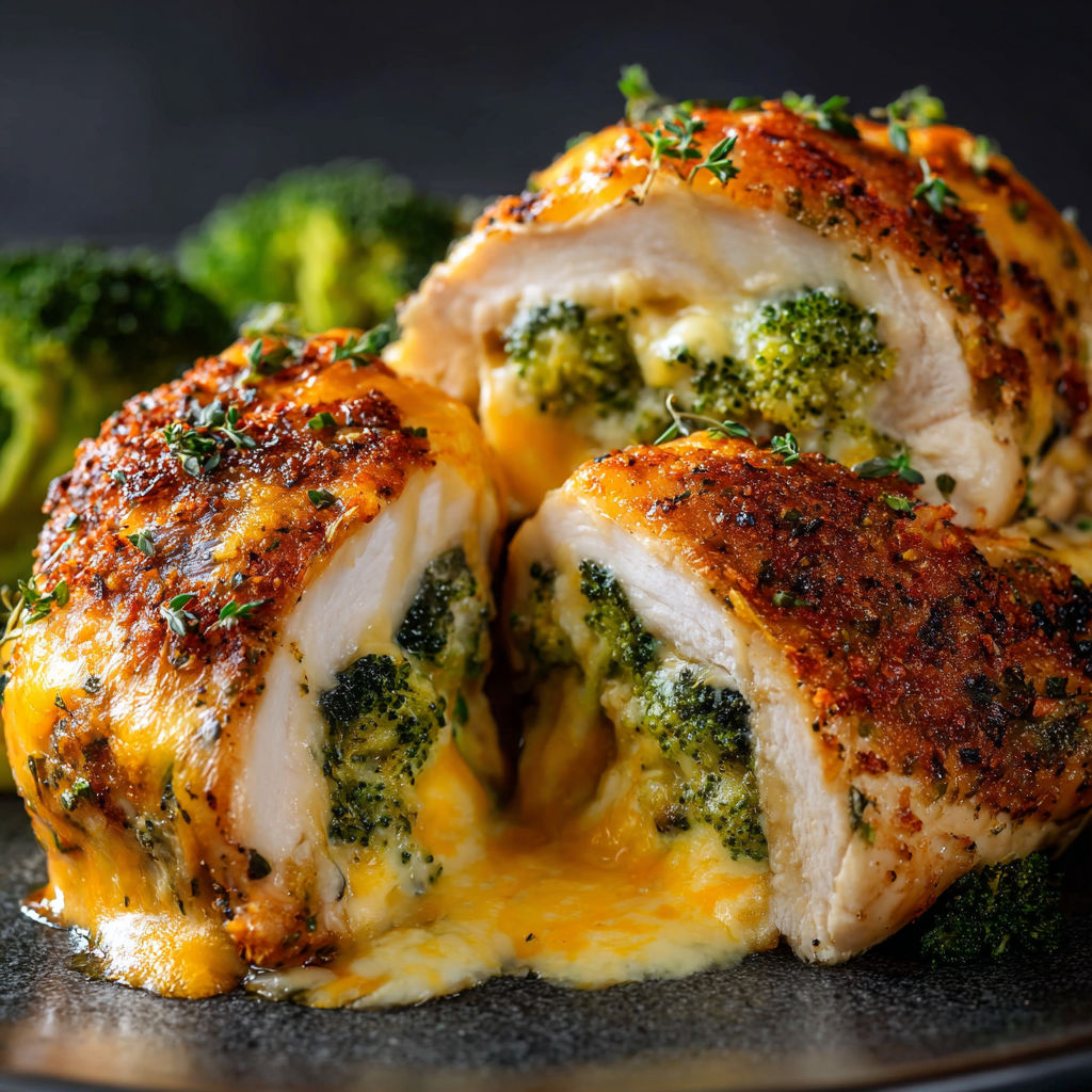 A delicious Broccoli and Cheese Stuffed Chicken dish is presented on a plate.