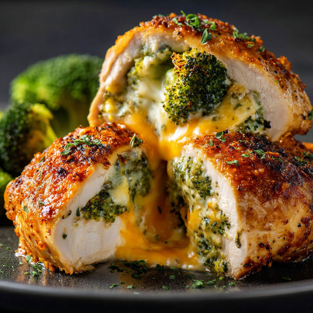 A plate of broccoli and cheese stuffed chicken.