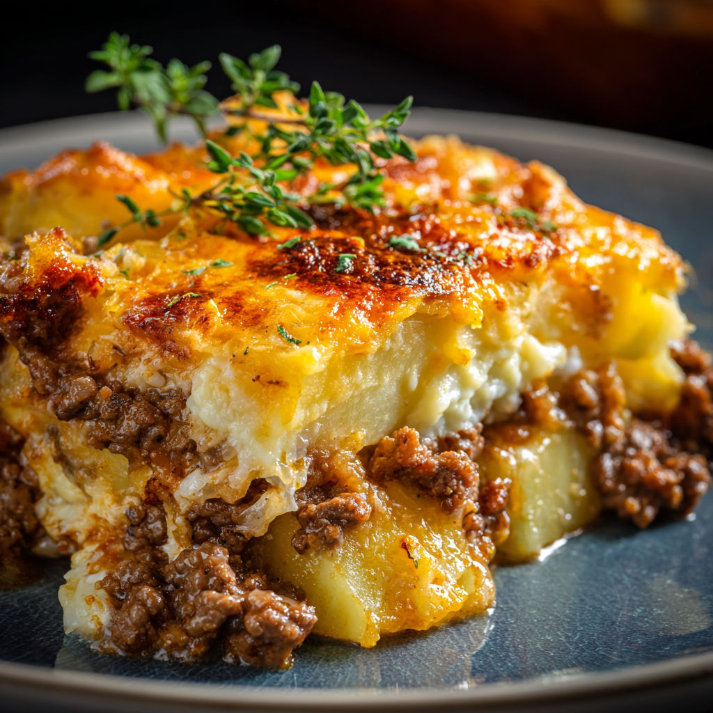 A delicious looking casserole with meat and cheese on a plate.