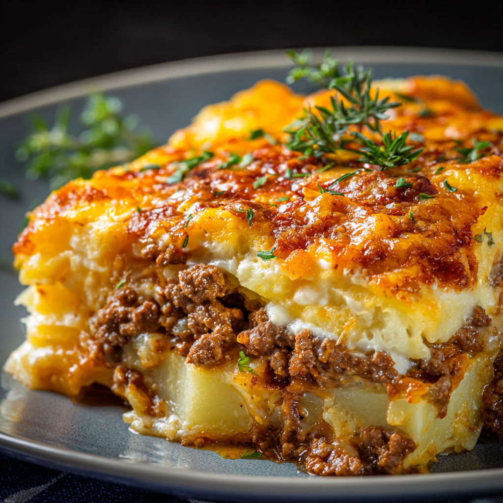 A delicious lasagna dish with meat and cheese, garnished with parsley and basil.