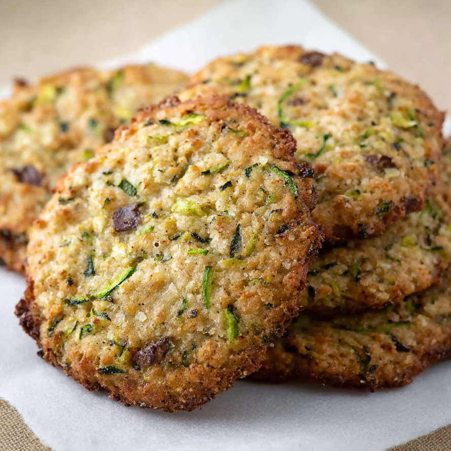A stack of cookies with green toppings, possibly pesto, on a white plate.